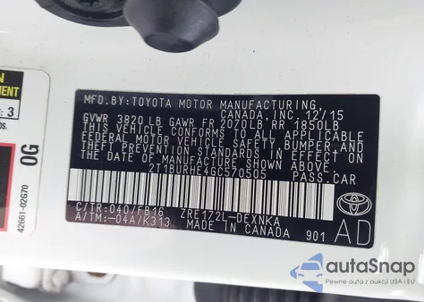 2016 Toyota Corolla Le из США, поврежденный, VIN 2T1BURHE4GC570505